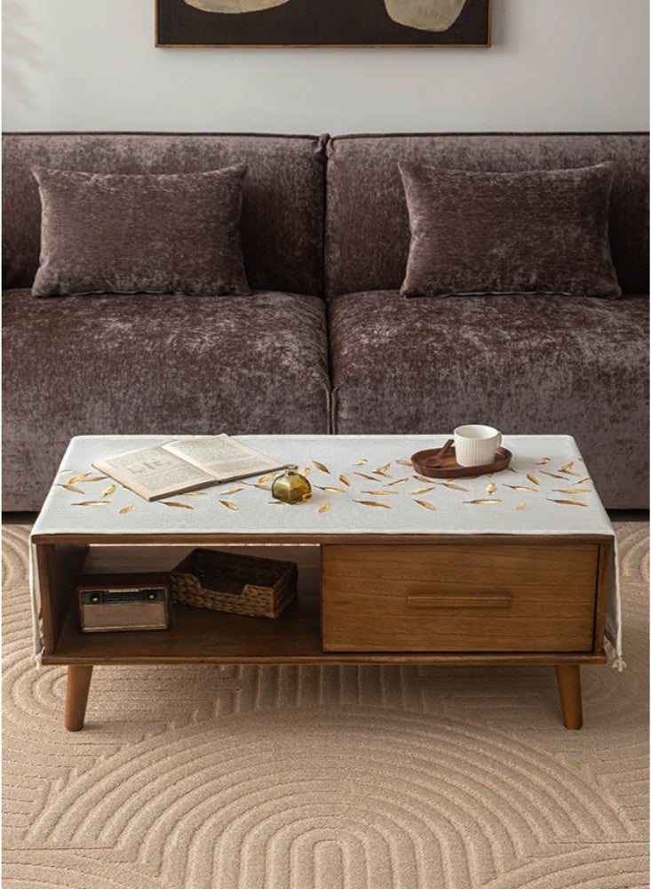 60×180cm Coffee Tablecloth Nordic Rectangle Pastoral Cotton Linen Tea Table Cloth Cover Kitchen Living Room Decor Fabric with Tassels Washer Dryer Fridge Top Dust Cover Grey(Gold Leaf) - Image 4